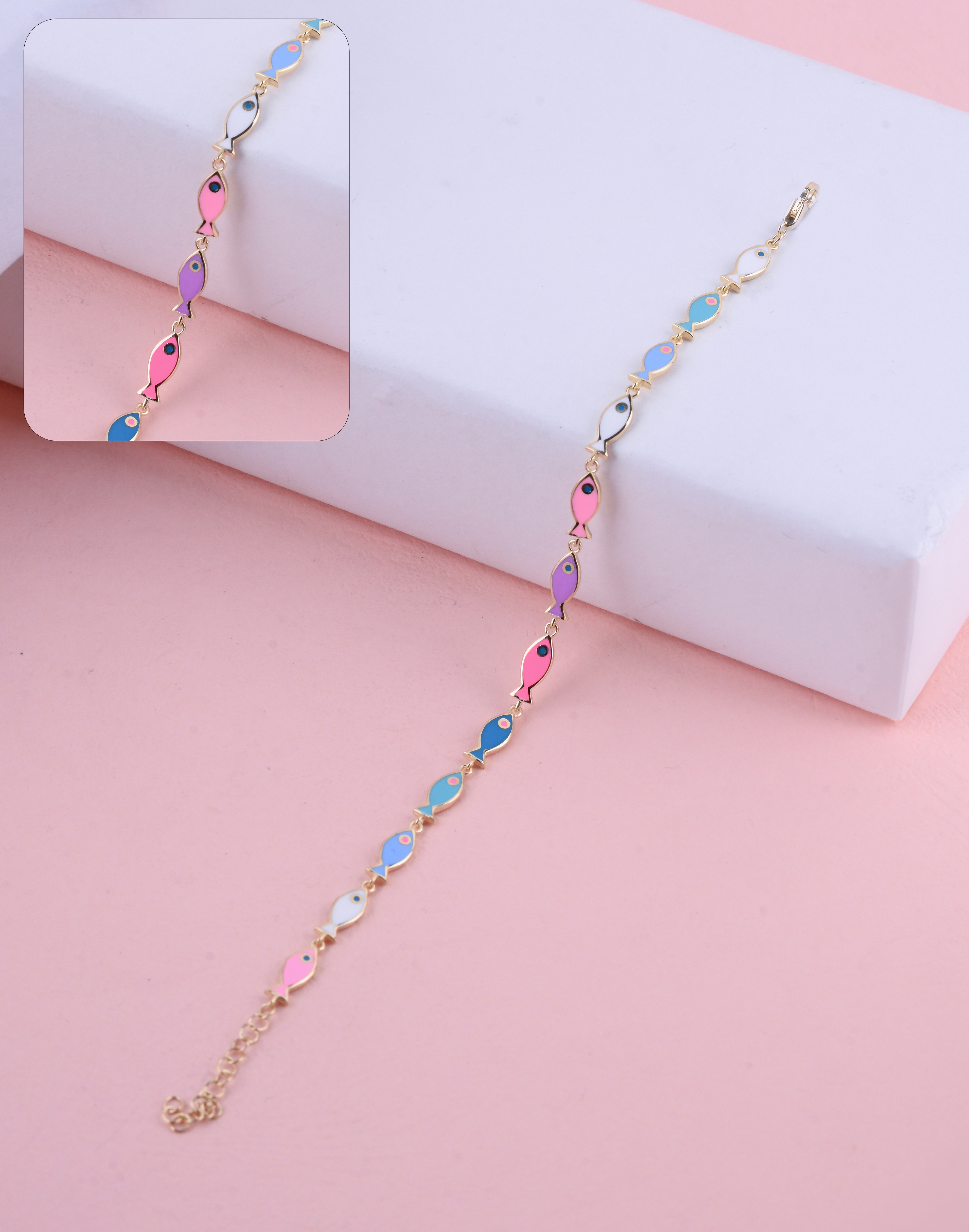 92.5 Sterling Multicolor Fish Charm Bracelet