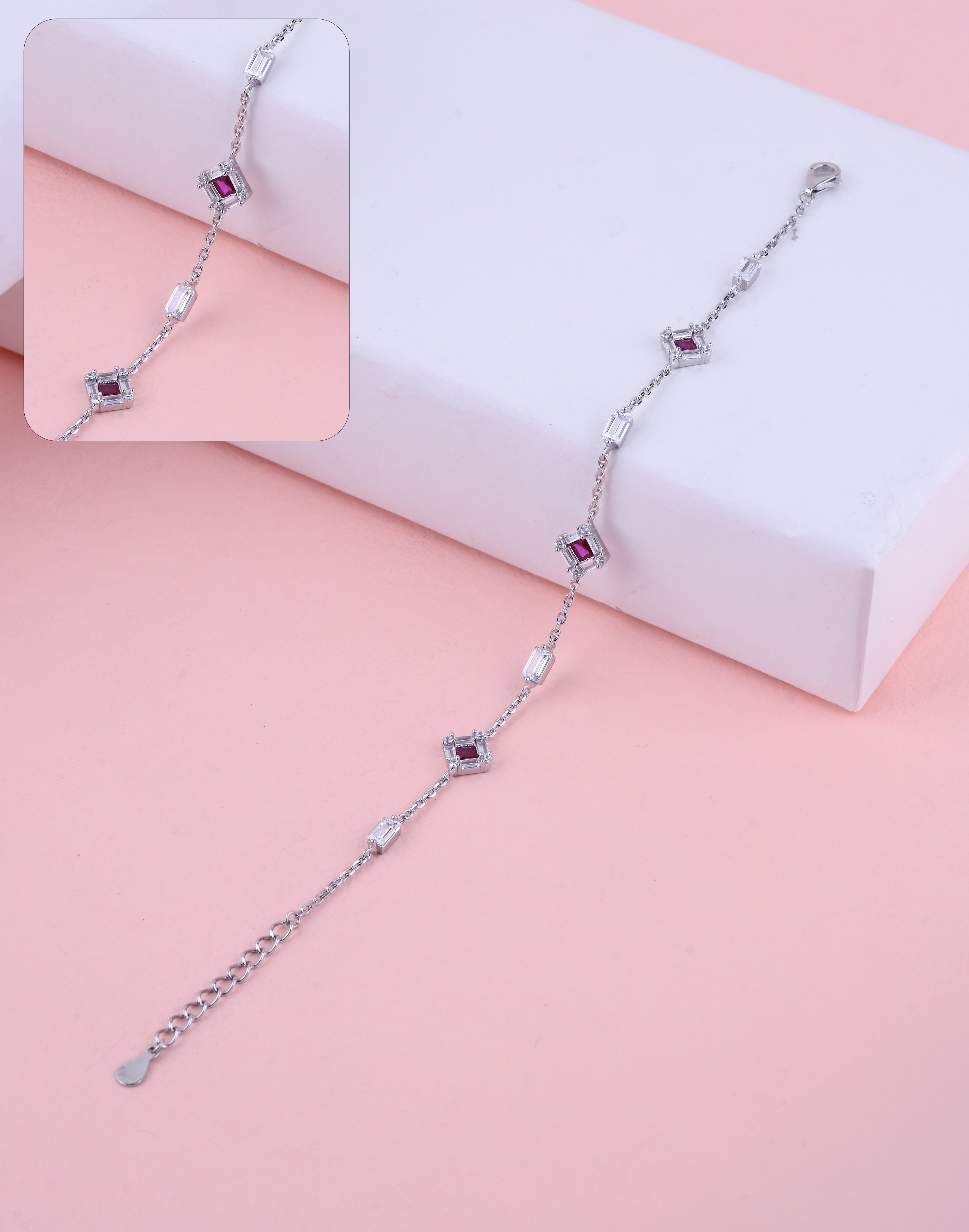 92.5 Sterling Ruby Square Charm Bracelet