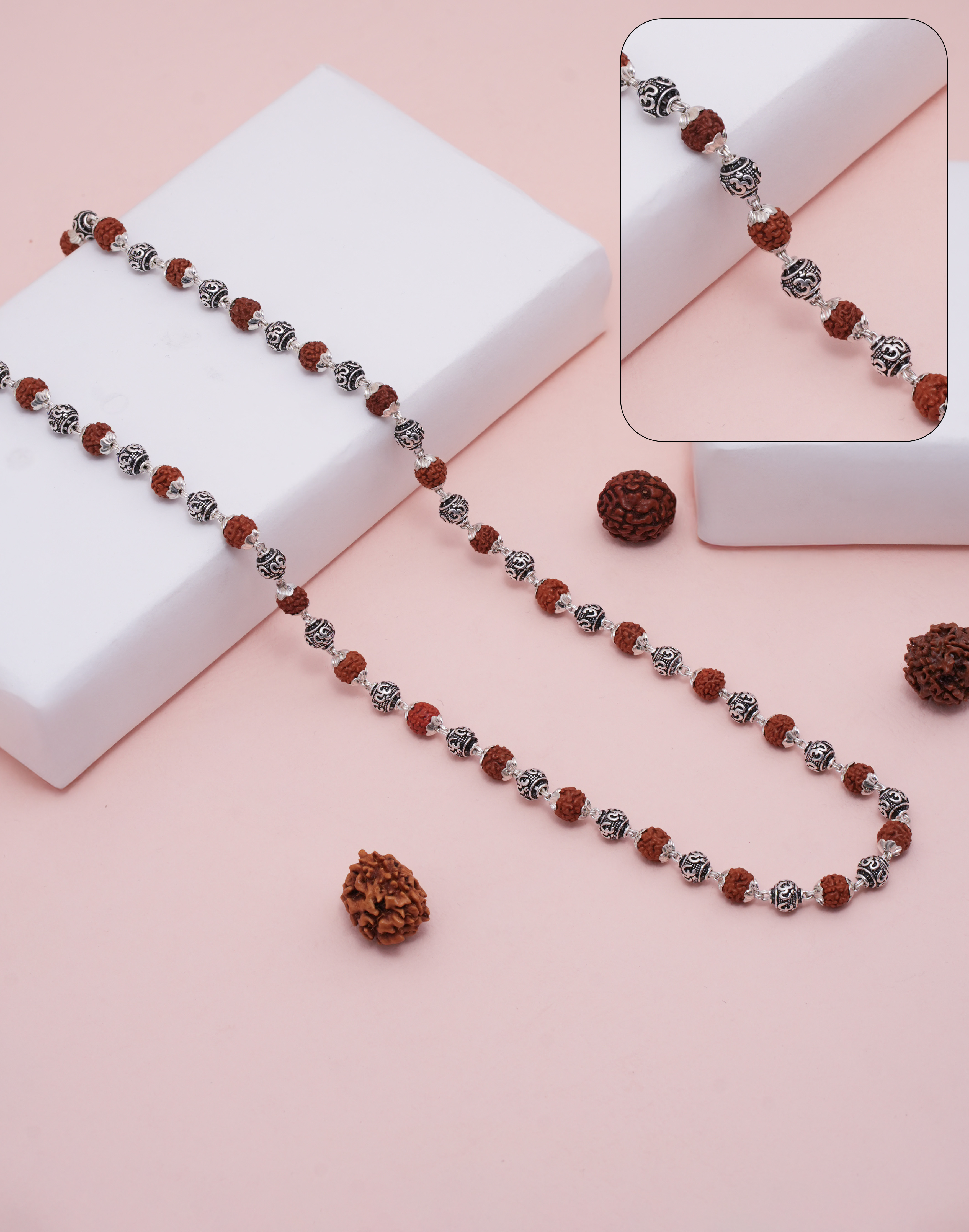 RUDRAKSH SILVER OM RUDRA MALA 925 7-8 MM