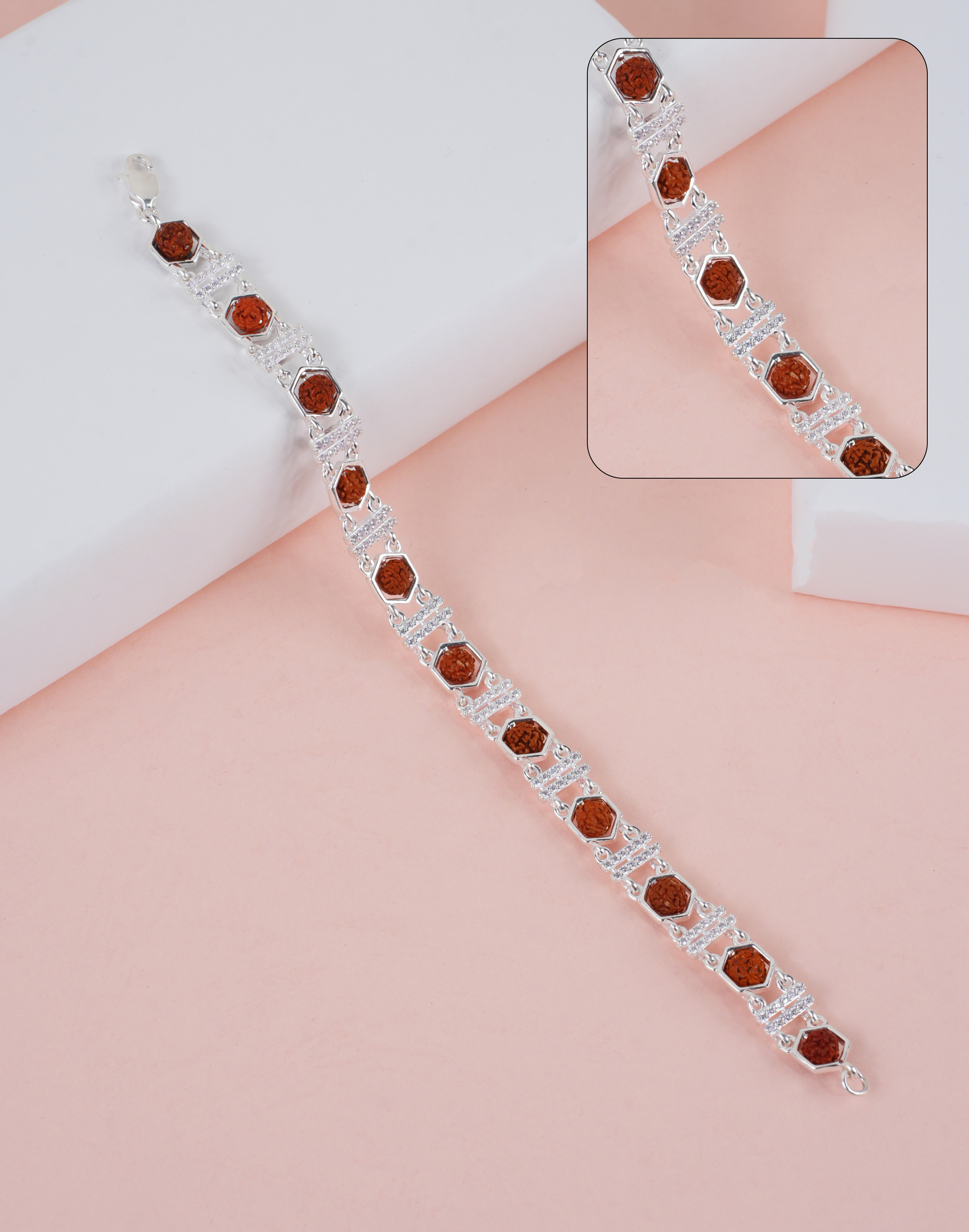 RUDRAKSH SILVER CZ DOUBLE STRIP BRACELET (HEXAGON)