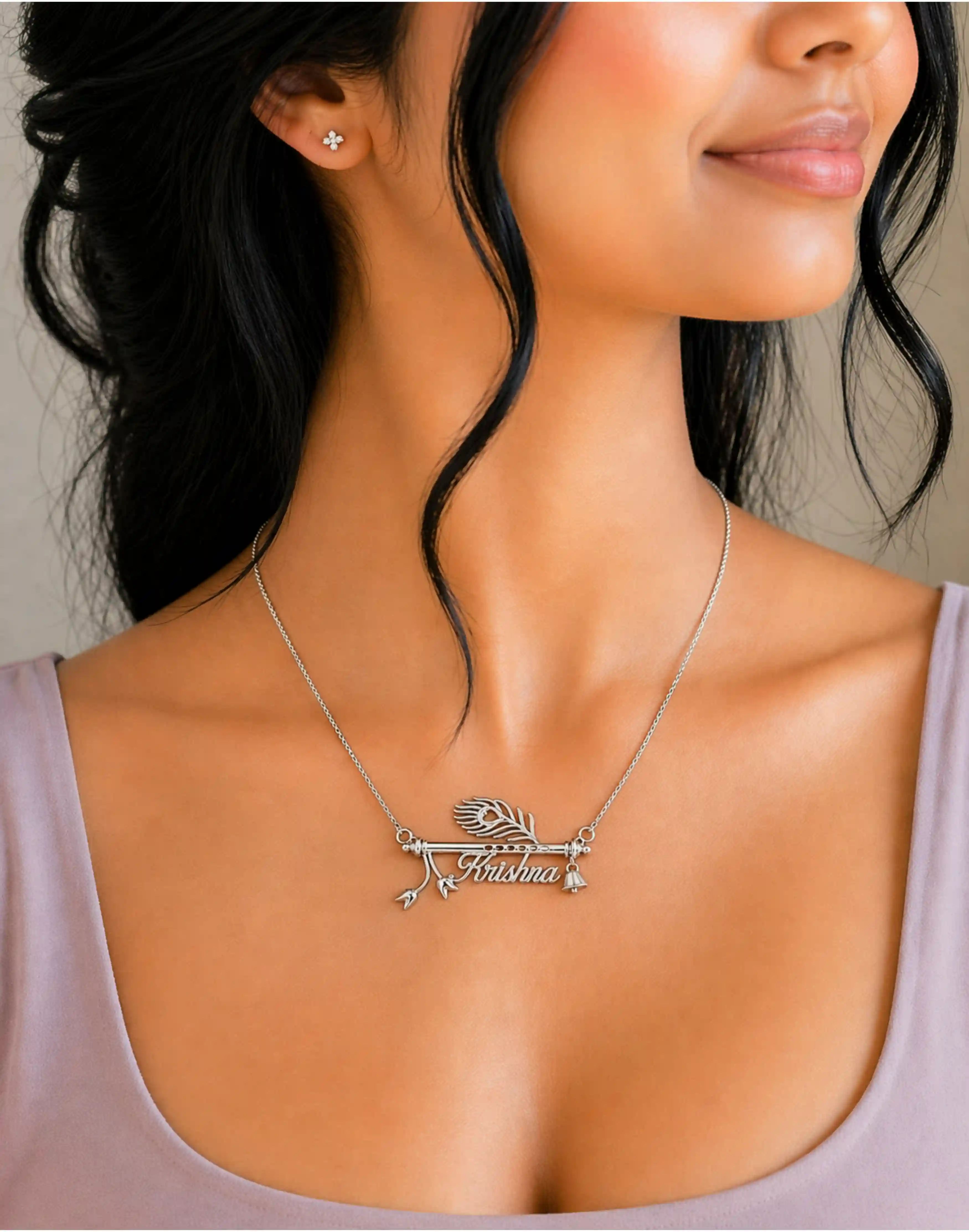 92.5 Sterling Custom Krishna Flute Name Pendant with Chain