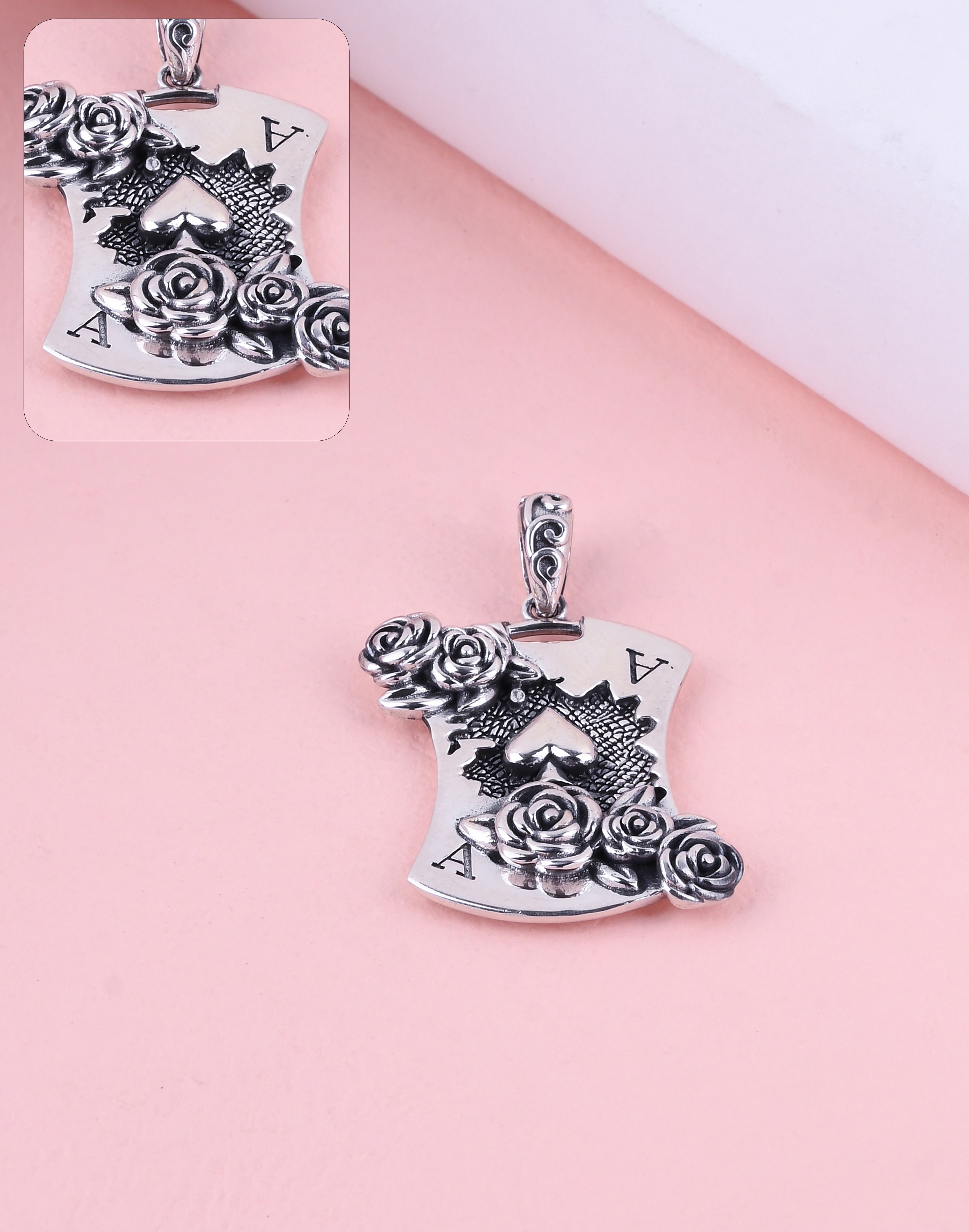 92.5 Sterling Ace Rose Card Pendant